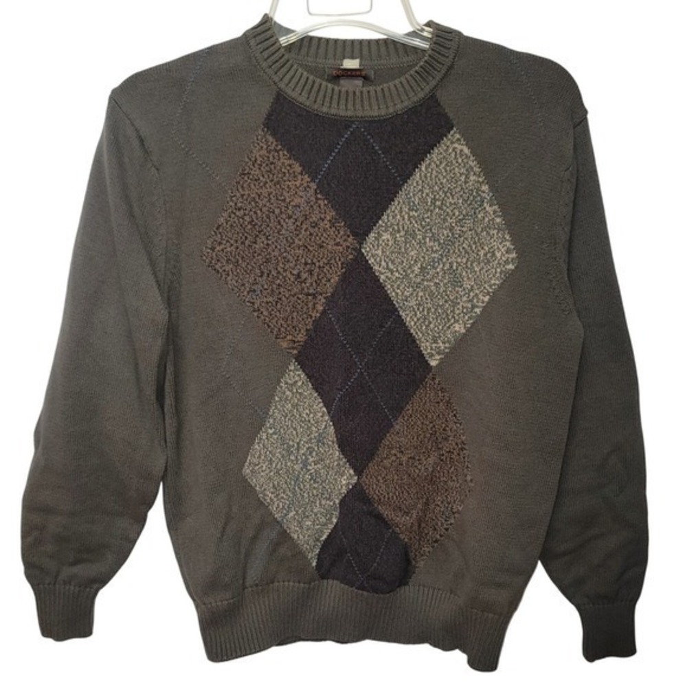 Dockers Mens Argyle Cotton Crewneck Sage Sweater M Preppy Old Money Smart Casual